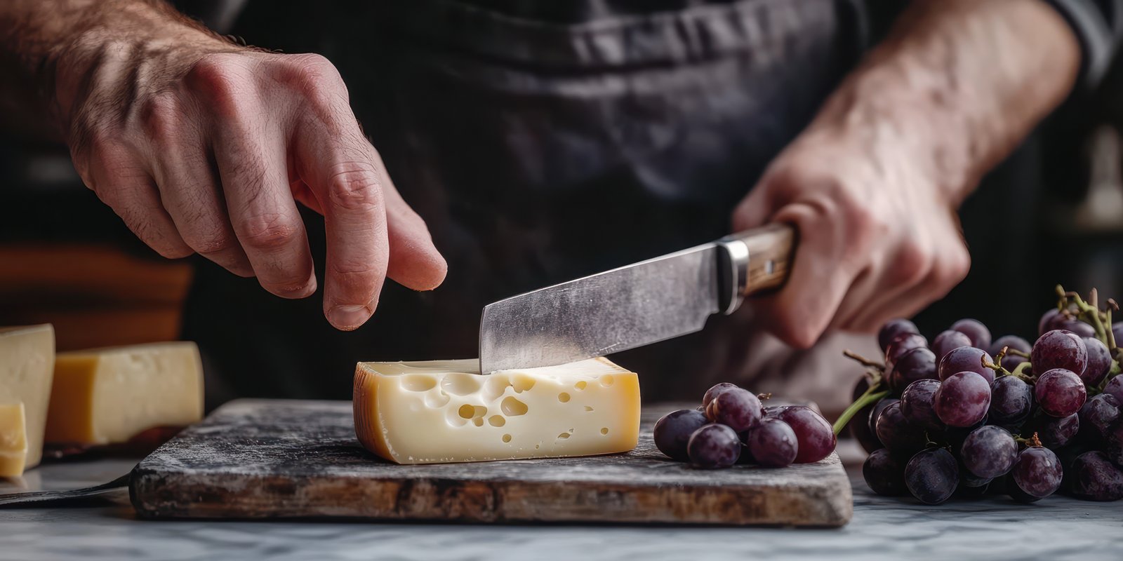 Expertly slicing cheese with fresh grapes on a wooden board in a cozy kitchen setting during afternoon light